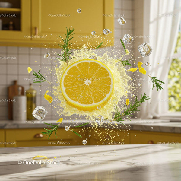 Fresh lemon slice splash with rosemary and ice cubes