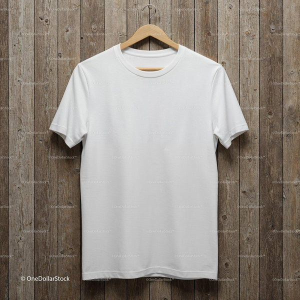 Plain white t-shirt hanging on wooden background JPG Mockup Image