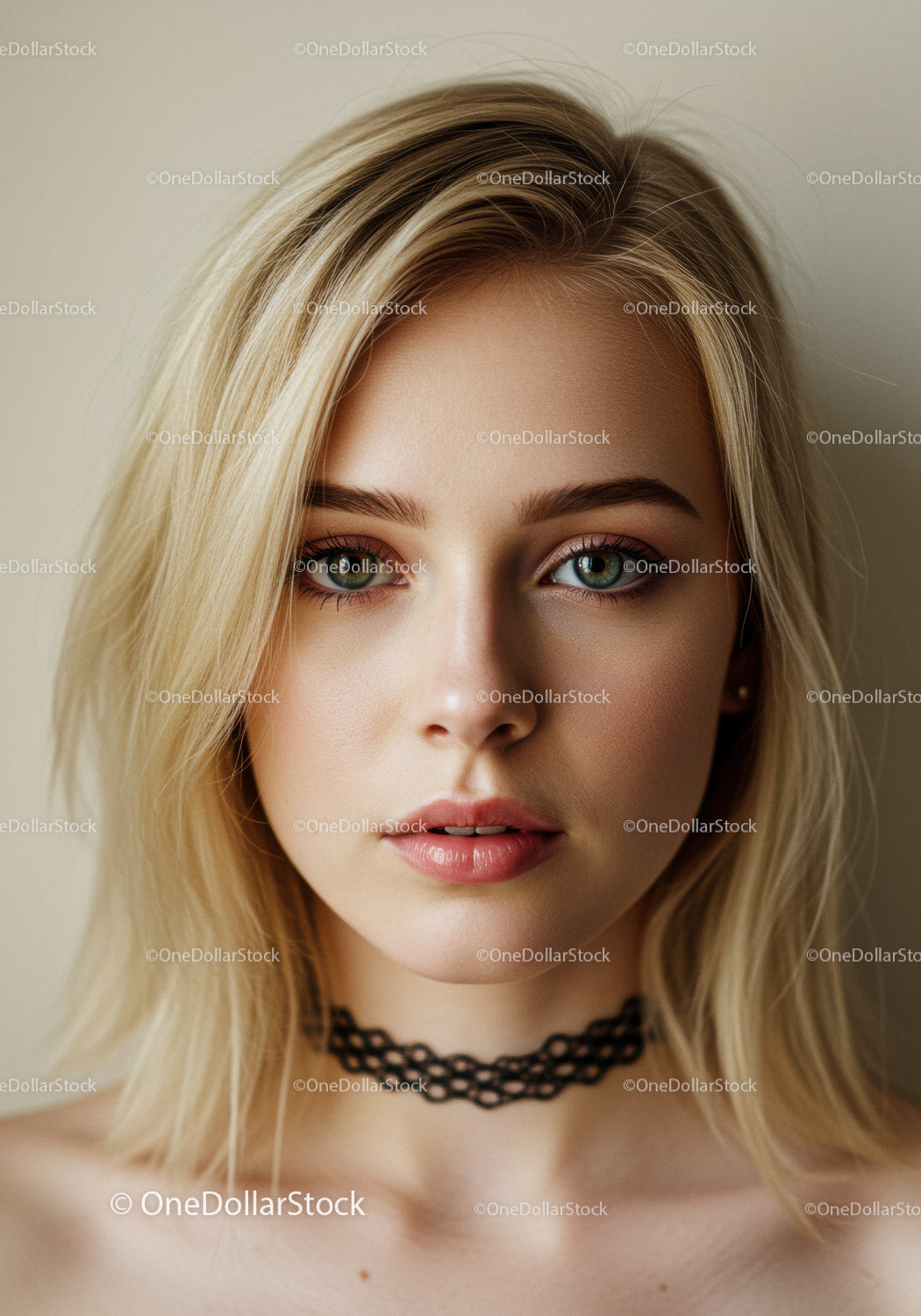 Portrait of a Beautiful Blonde Woman with Blue Eyes and Choker