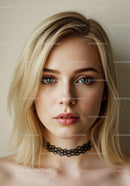 Portrait of a Beautiful Blonde Woman with Blue Eyes and Choker