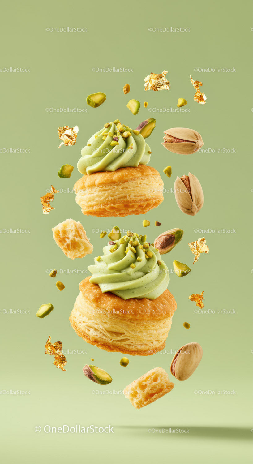 Pistachio Cream Pastries with Floating Nuts and Crumbs
