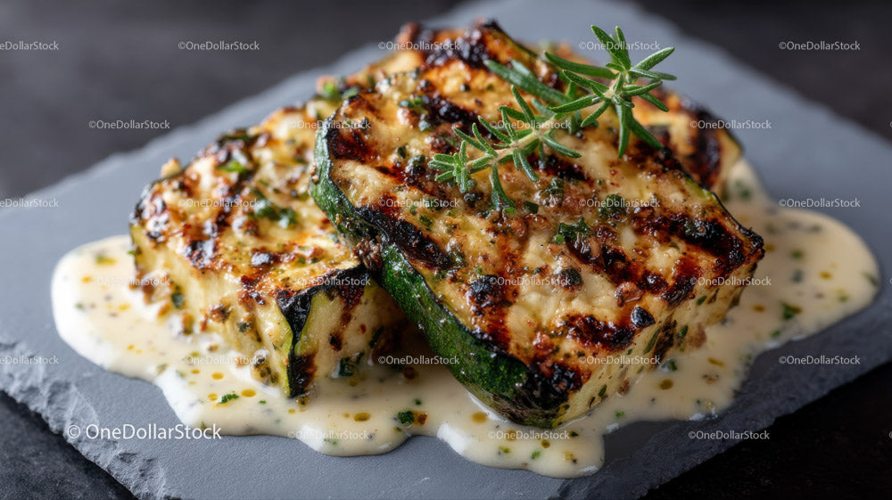 Grilled Zucchini Slices with Herbs on Slate Plate
