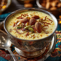 Saffron Milk with Pistachios and Almonds in Ornate Silver Bowl