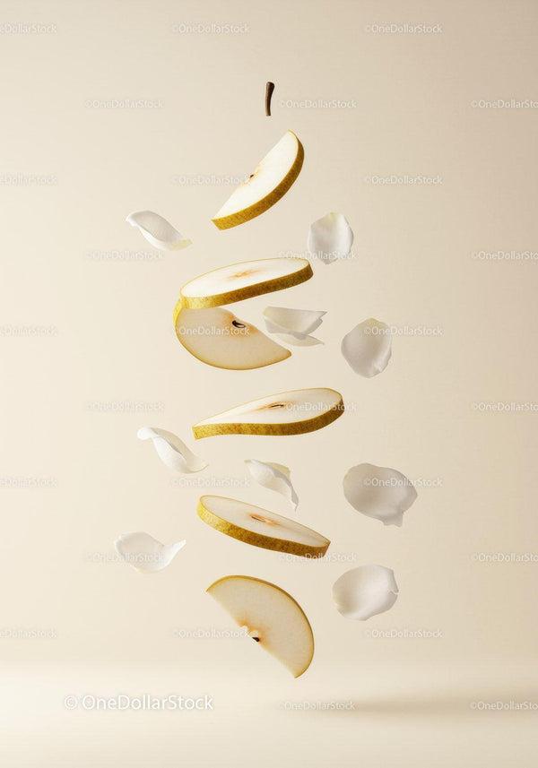 Floating Sliced Pear with Soft White Petals