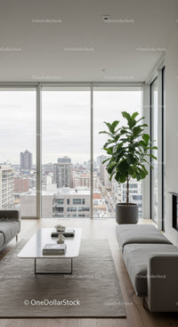 Modern Living Room with Large Window and Indoor Fiddle Leaf Fig Plant
