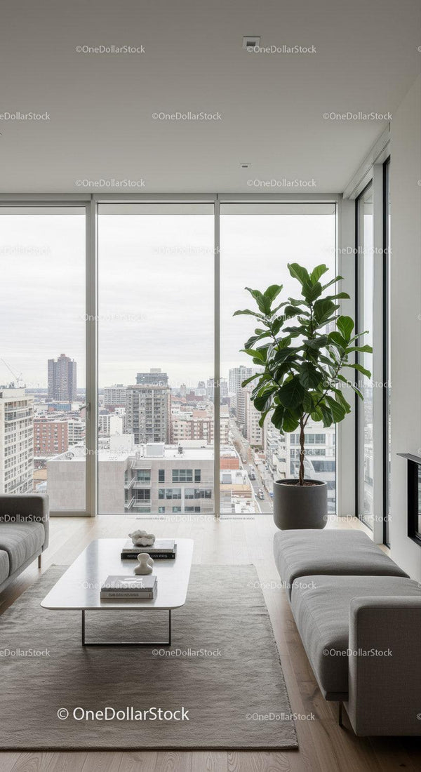 Modern Living Room with Large Window and Indoor Fiddle Leaf Fig Plant