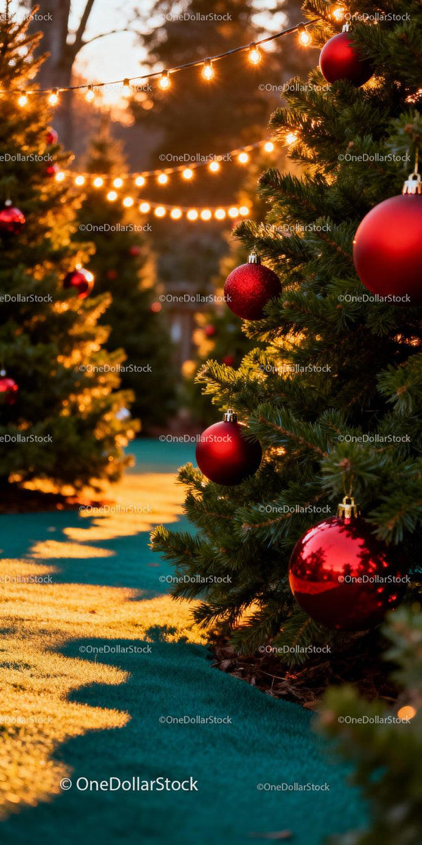 Christmas Trees Adorned with Red Baubles and Festive Lights