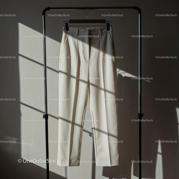 Minimalist cream trousers hanging in soft sunlight JPG Mockup Image