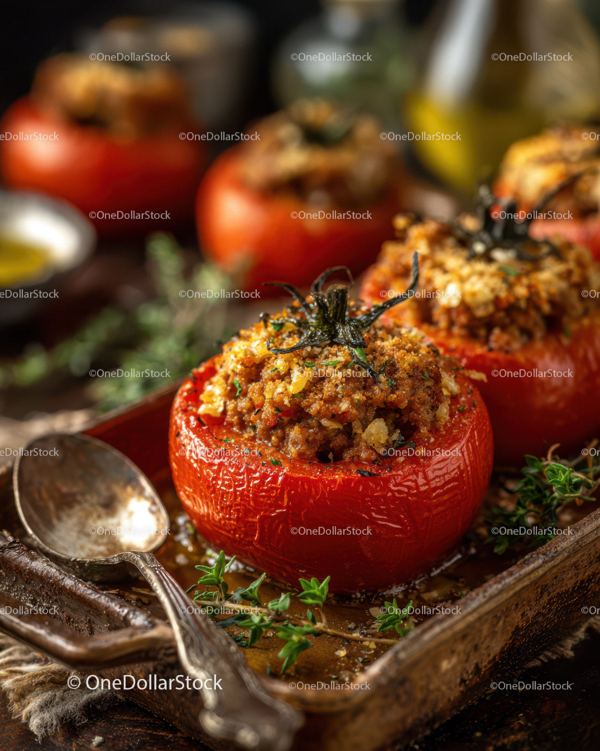 Stuffed Tomatoes with Minced Vegetables on Rustic Wooden Board