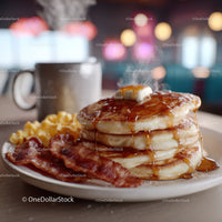 Stack of Fluffy Pancakes with Butter and Syrup on Breakfast Plate
