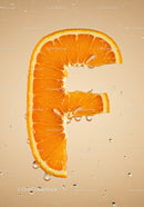 Fresh Orange Slice Shaped Like Letter F with Water Drops