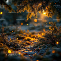 Warm Light Glowing Through Frosty Pine Branches