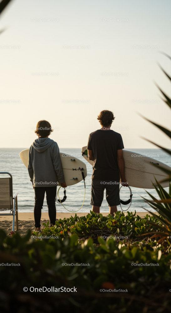Surfers Holding Surfboards at Sunset on Tropical Beach