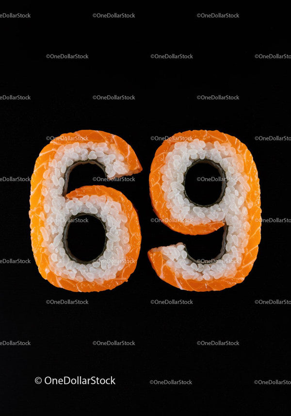 Creative sushi rolls shaped as number sixty nine