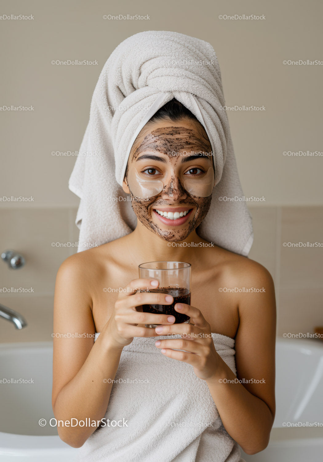Young Woman Enjoying Facial Mask with Towel Wrapped Head in Bathroom