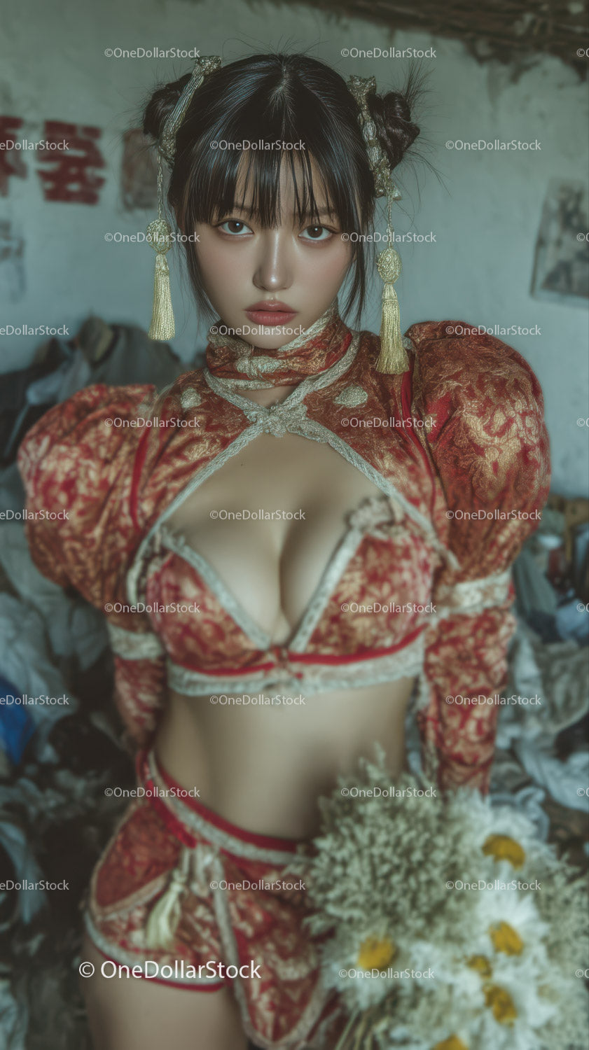 Young Woman in Elegant Traditional Red and Gold Cultural Attire