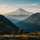 Majestic Snow-Capped Mountain Over Verdant Valley With Hiker