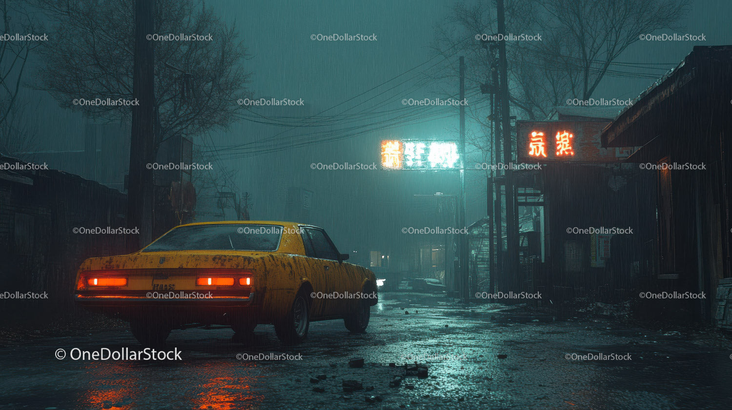 Vintage Yellow Car on Rainy Night Street with Neon Signs