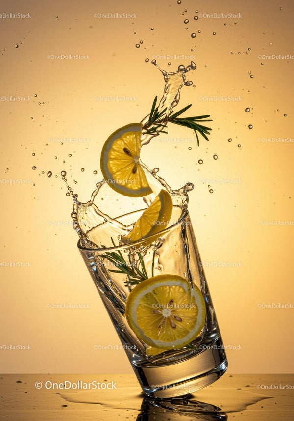 Refreshing lemon and rosemary splash in tilted glass