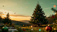 Christmas tree decorated outdoors during golden hour
