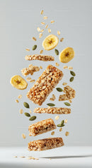 Floating granola bars with banana chips and seeds