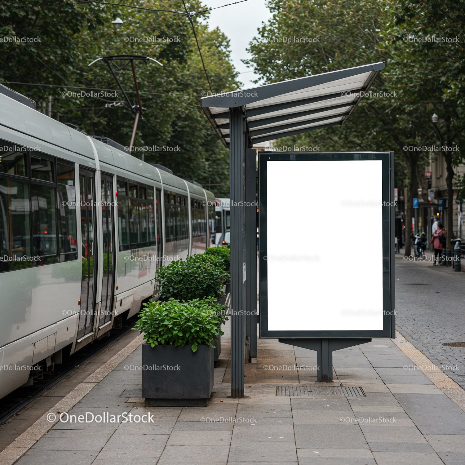 Modern Tram Station with Empty Advertisement Board in Urban Setting