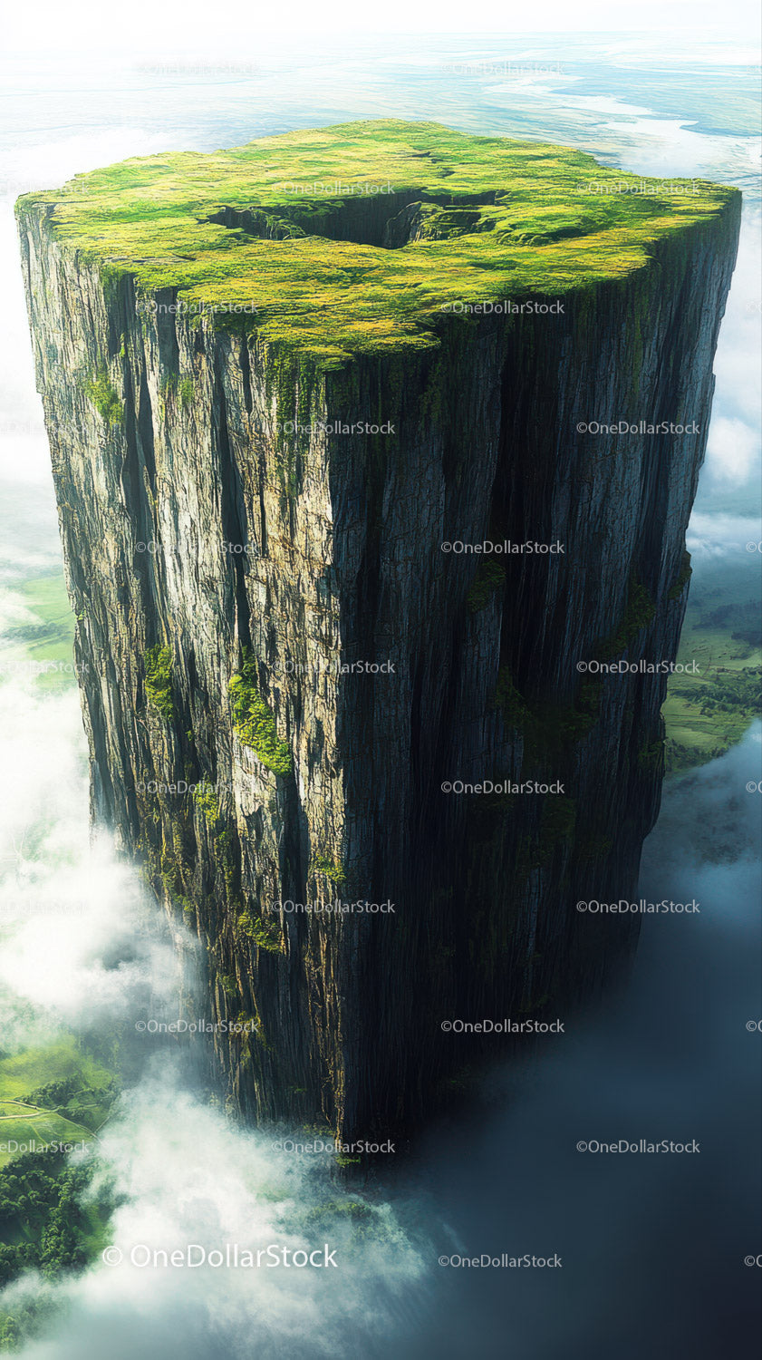 Majestic Floating Island with Lush Green Vegetation and Cliffs