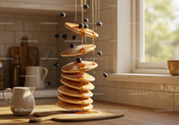 Stack of pancakes with dripping syrup and fresh blueberries