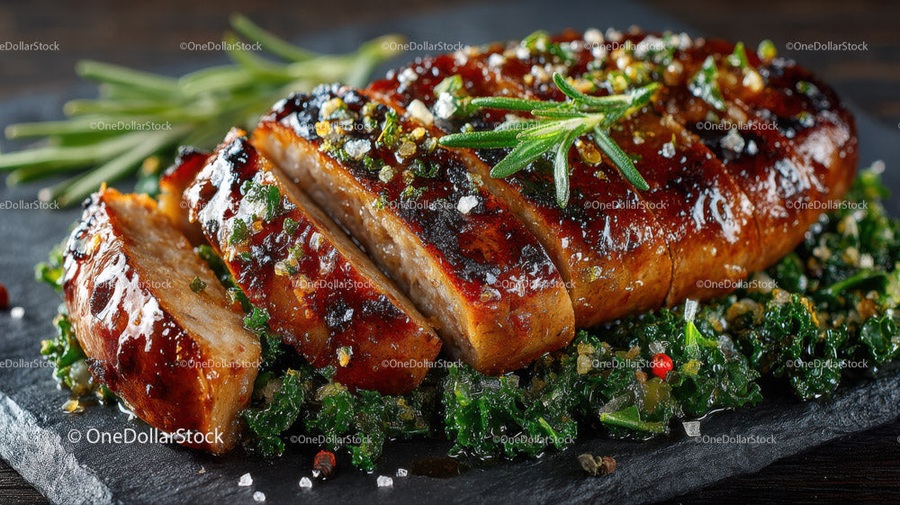 Grilled Beef Ribs with Fresh Green Herbs on Plate
