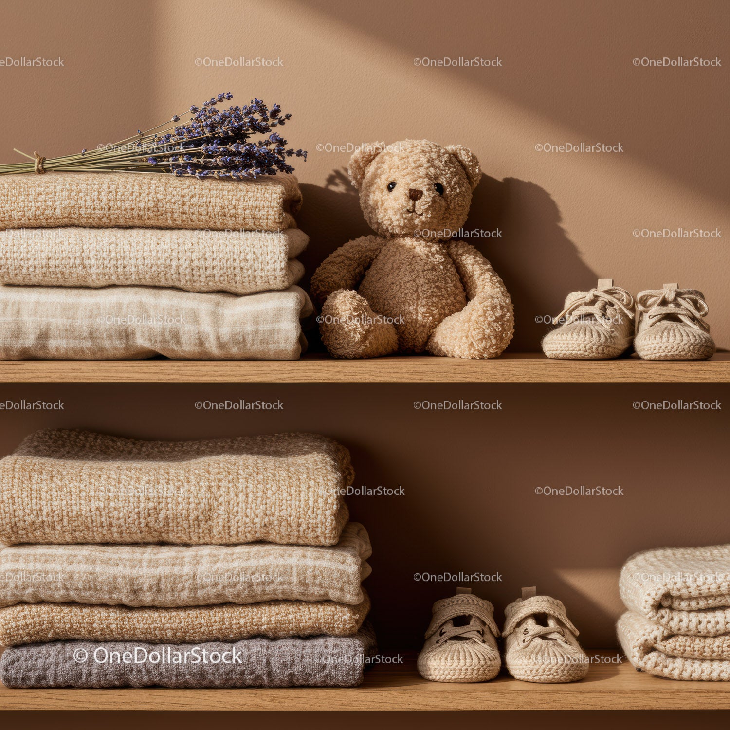 Cozy nursery shelf with baby clothes and teddy bear