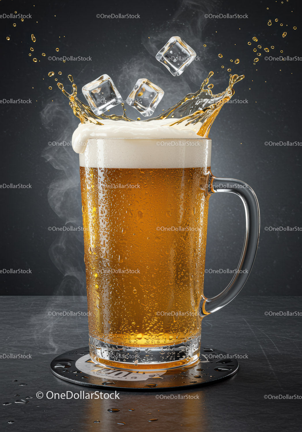 Refreshing beer glass with ice cubes splashing