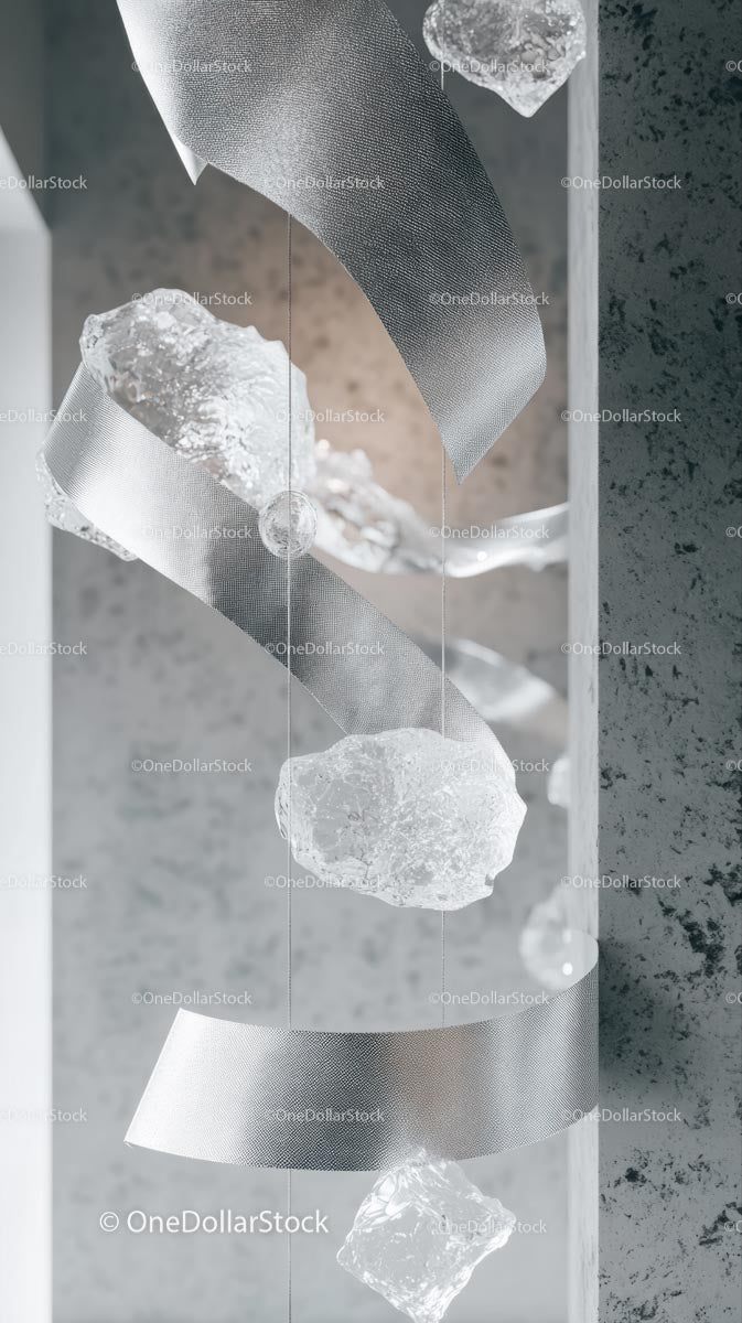 Modern Artistic Suspended Chandelier with Ice-like Crystals and Mesh Ribbons