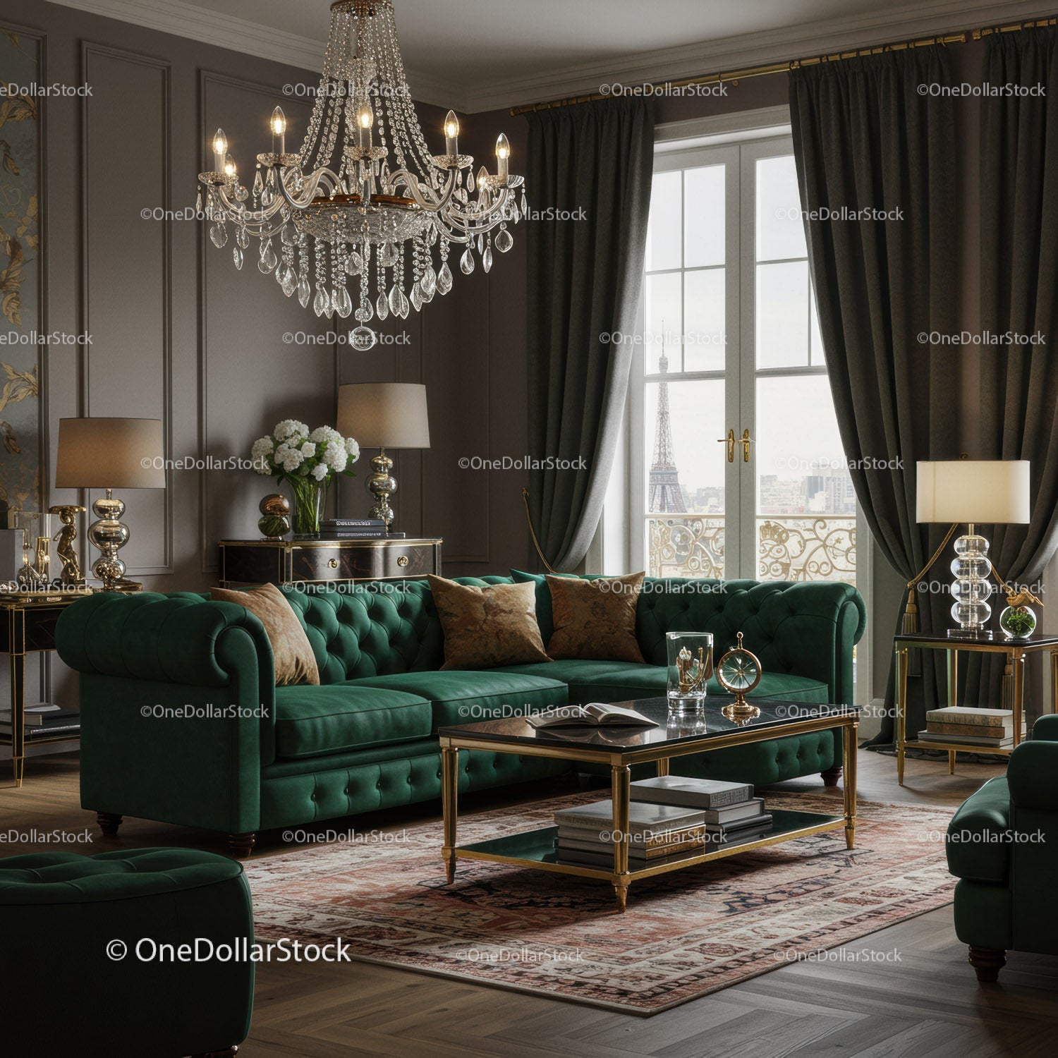 Elegancki salon z zieloną aksamitną sofą i widokiem na Paryż