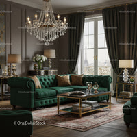 Elegant Living Room with Green Velvet Sofa and Paris View