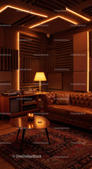 Cozy vintage lounge with audio equipment and ambient lighting