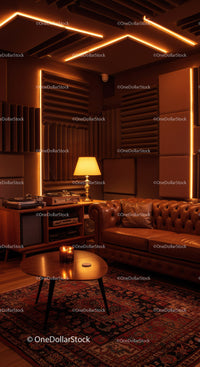 Cozy vintage lounge with audio equipment and ambient lighting