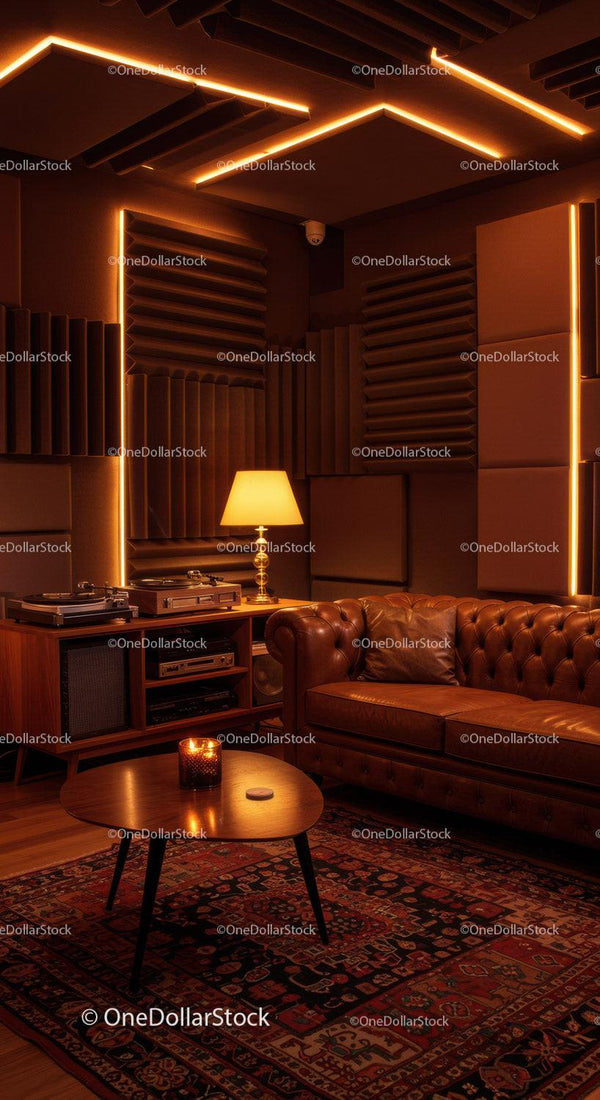 Cozy vintage lounge with audio equipment and ambient lighting
