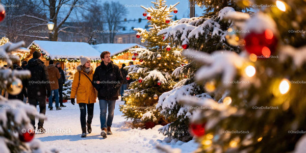 Couple enjoying a winter Christmas market stroll