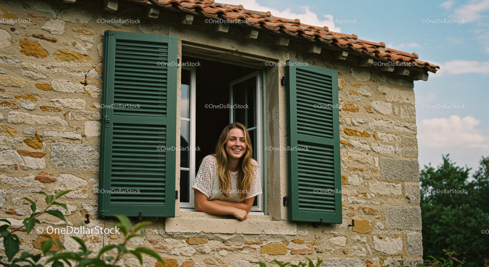 Smiling Woman by a Rustic Window with Green Shutters