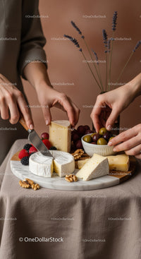 Cheese Platter with Berries and Grapes on Rustic Table