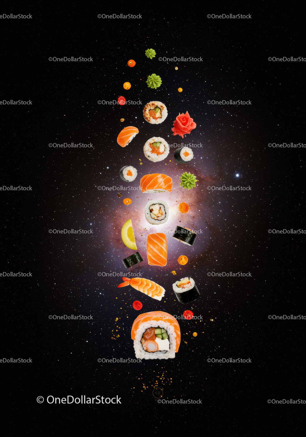 Assorted sushi rolls and ingredients floating in space