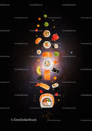 Assorted sushi rolls and ingredients floating in space
