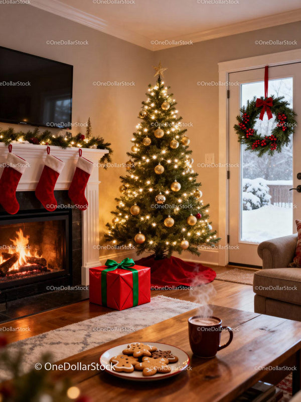 Cozy Living Room with Lit Christmas Tree and Fireplace