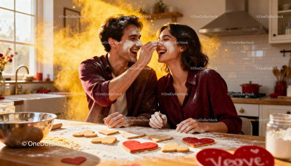 Couple Playfully Baking Heart Cookies Together at Home