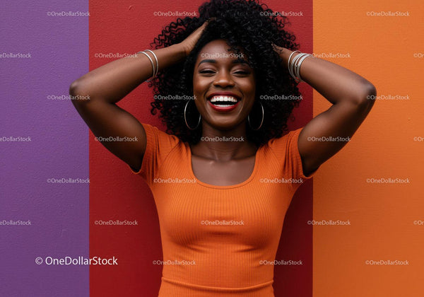Vibrant Portrait of a Smiling Woman with Curly Hair and Colorful Background