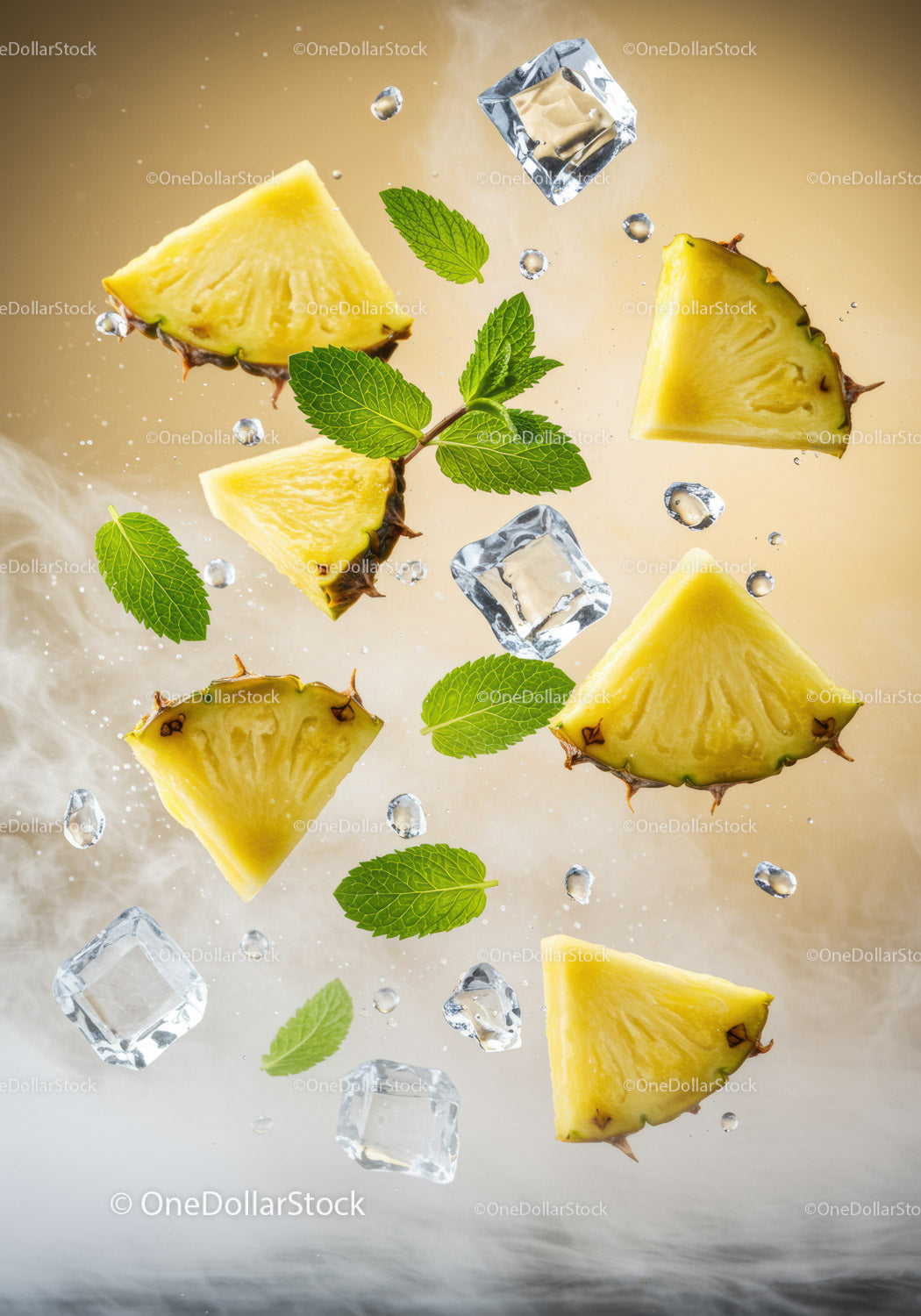 Fresh pineapple slices with mint and ice cubes on beige