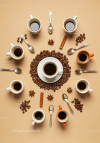Arrangement of Coffee Cups with Beans and Spices on Table