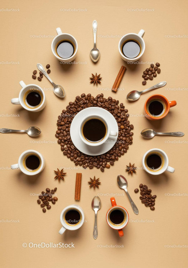 Arrangement of Coffee Cups with Beans and Spices on Table