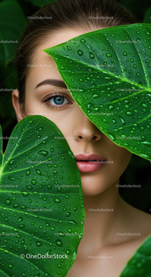 Close-up of Woman with Blue Eyes Surrounded by Green Tropical Leaves