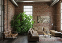 Modern Industrial Living Room with Large Green Plant and Leather Sofa